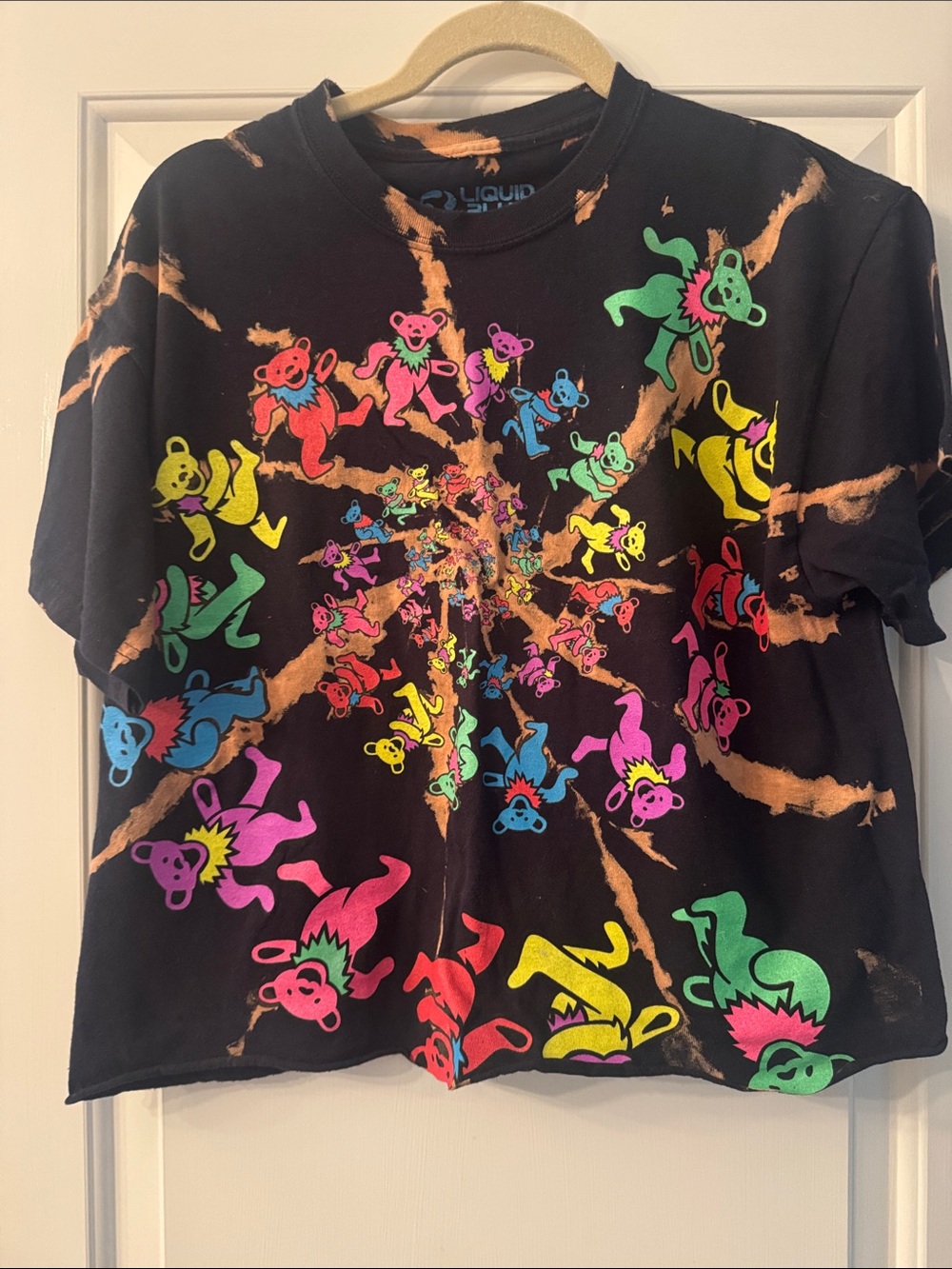 Liquid Blue Black Tie-Dye Women’s T-Shirt with Neon Dancing Bears